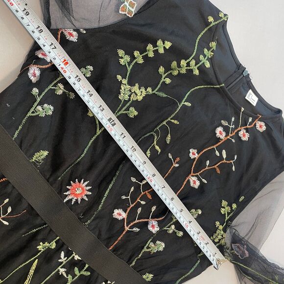 ~ Lg Floral Boho Sheer Dress Botanical Black Flowers Long Sleeve Bohemian Knee - Picture 9 of 14